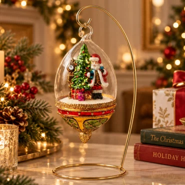Papai Noel com árvore e relógio em cúpula 20cm