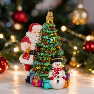Papai Noel com pinheiro e boneco de neve 18cm